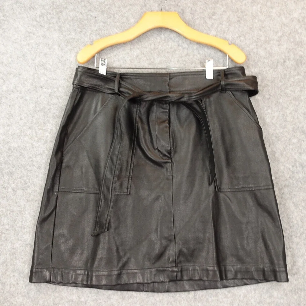 Y2K Black Vegan Leather Skirt 12 Belted Rocker Downtown Girl Preppy ANN TAYLOR